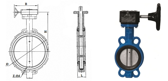 Butterfly valve with stainless disc, manual actuator and EPDM seal